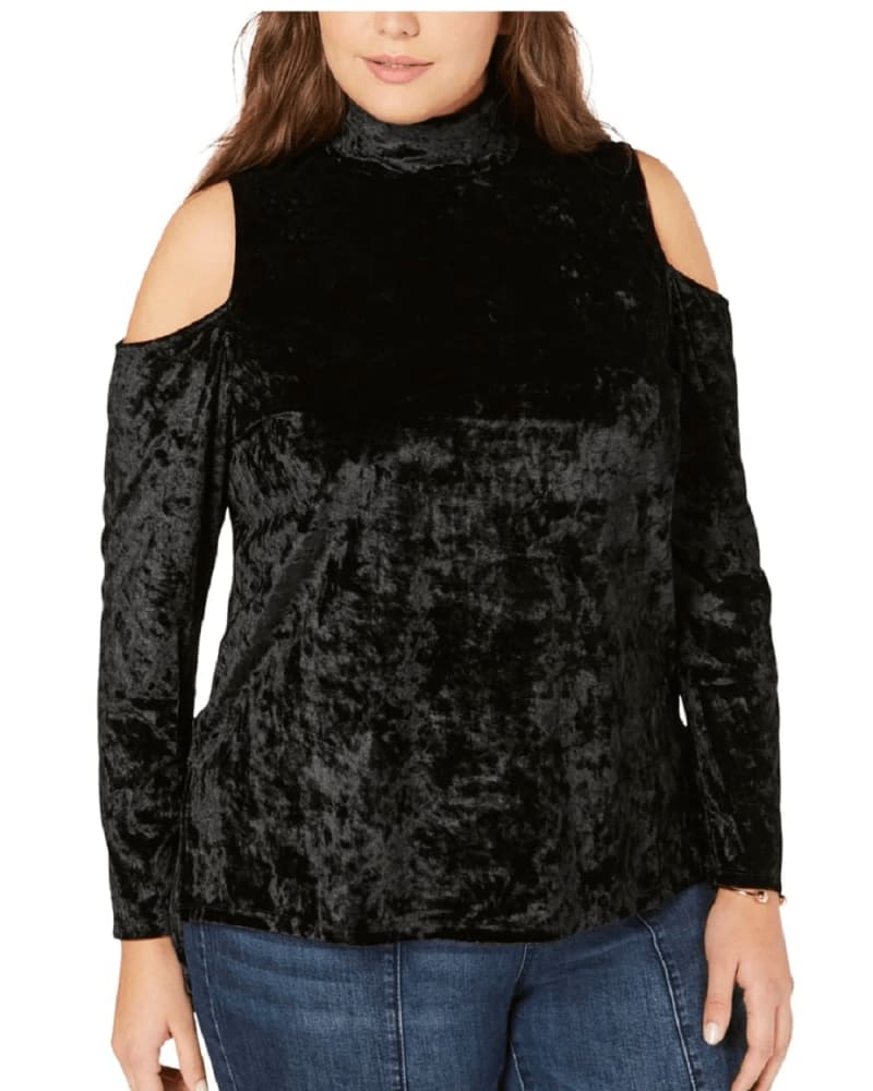 Front of a model wearing a size 1X One a Women's Plus Velvet Cold Shoulder Top Black Size 1X in Black by One A. | dia_product_style_image_id:311496
